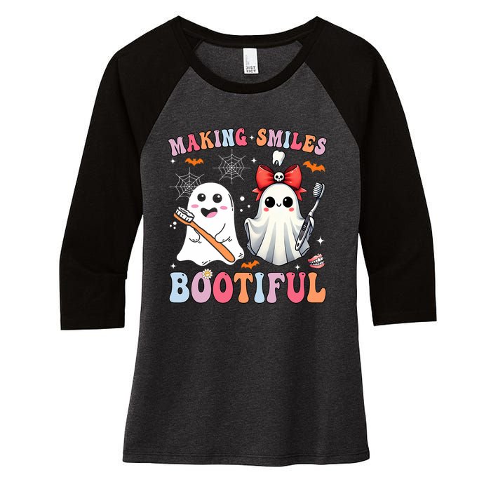 Making Smiles Bootiful Dentist Funny Halloween Ghost Dental Women's Tri-Blend 3/4-Sleeve Raglan Shirt