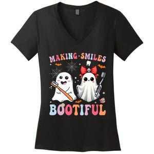 Making Smiles Bootiful Dentist Funny Halloween Ghost Dental Women's V-Neck T-Shirt