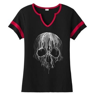 Melting Skull Black White Art Graphic Halloween Shirt Ladies Halftime Notch Neck Tee