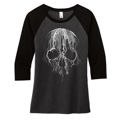 Melting Skull Black White Art Graphic Halloween Shirt Women's Tri-Blend 3/4-Sleeve Raglan Shirt