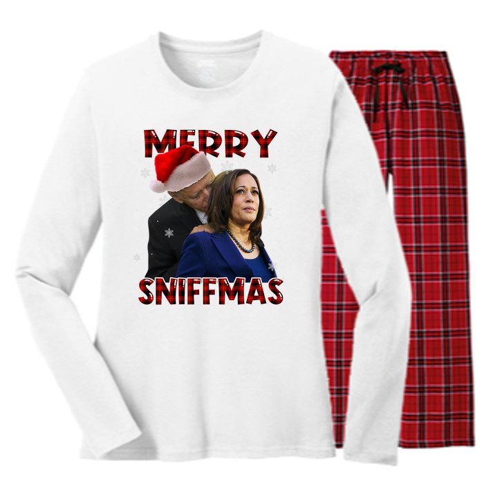 Merry Sniffmas Biden Santa Christmas Anti Biden Sniffer Xmas Women's Long Sleeve Flannel Pajama Set 