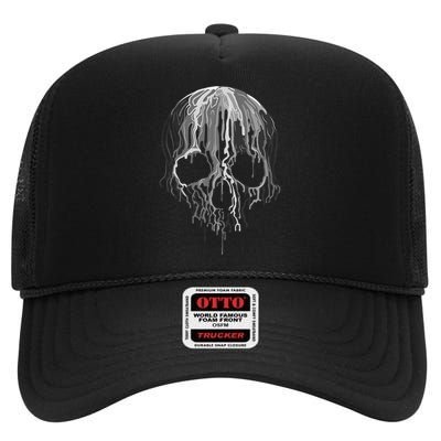 Melting Skull Black White Art Graphic Halloween High Crown Mesh Back Trucker Hat