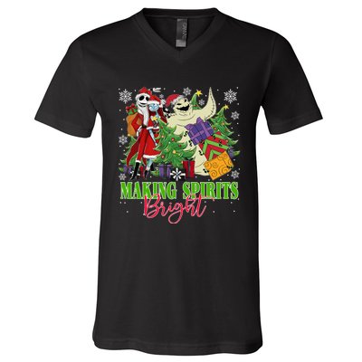 Making Spirits Bright Christmas Jack And Sally Oogie Boogie V-Neck T-Shirt