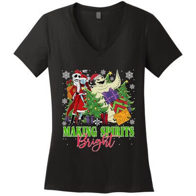 Making Spirits Bright Christmas Jack And Sally Oogie Boogie Women's V-Neck T-Shirt