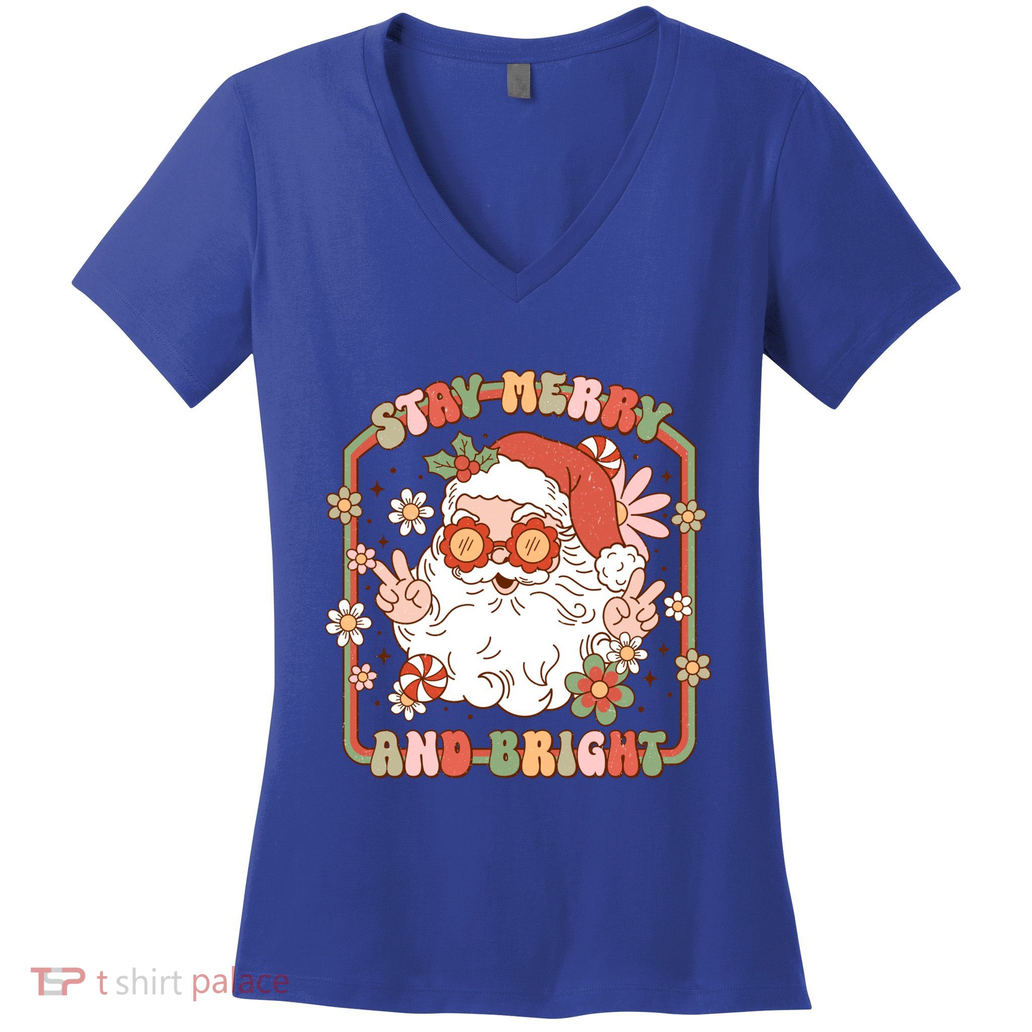 Merry Stay Bright Hippie Santa Peace Retro Groovy Christmas Gift Women's V-Neck T-Shirt