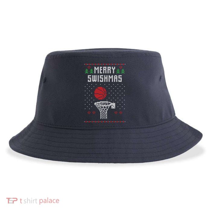 merry swishmas Basketball Ugly Christmas Sweaters Sustainable Bucket Hat