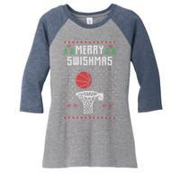 merry swishmas Basketball Ugly Christmas Sweaters Women's Tri-Blend 3/4-Sleeve Raglan Shirt