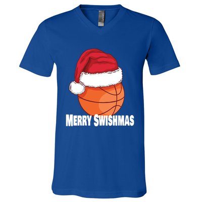 Merry Swishmas Basketball Christmas Sports Lover Santa Hat Gift V-Neck T-Shirt