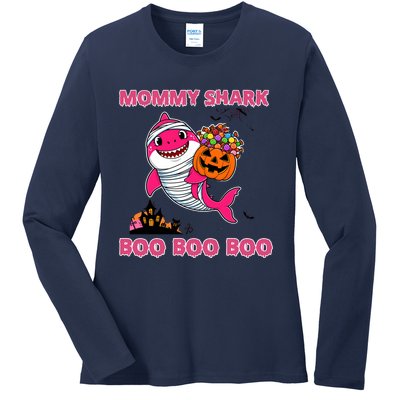 Mommy Shark Boo Boo Boo Funny Family Shark Halloween Ladies Long Sleeve Shirt