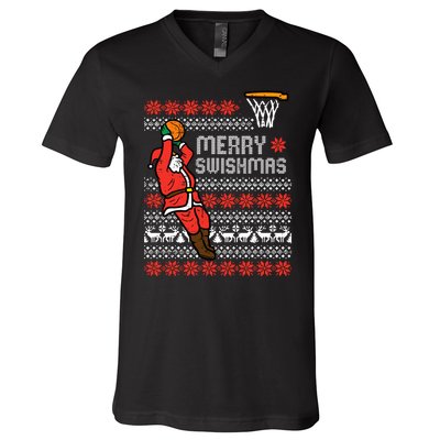 Merry Swishmas Basketball Ugly Christmas Xmas V-Neck T-Shirt