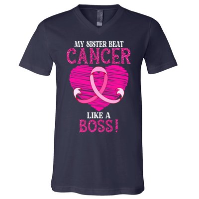 My Sister Beat Breast Cancer Pink Ribbon Survivor Awareness V-Neck T-Shirt