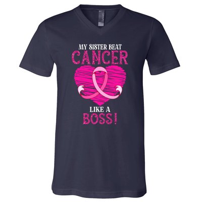 My Sister Beat Breast Cancer Pink Ribbon Survivor Awareness V-Neck T-Shirt