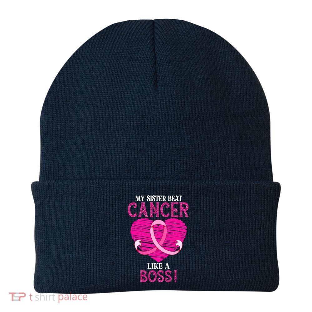 My Sister Beat Breast Cancer Pink Ribbon Survivor Awareness Beanie