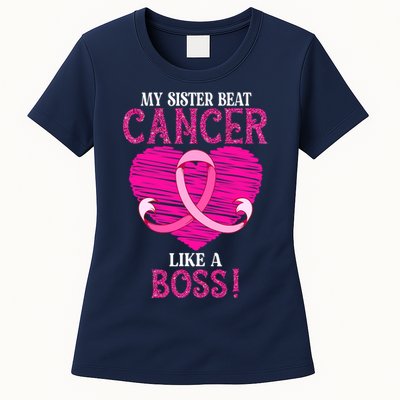 My Sister Beat Breast Cancer Pink Ribbon Survivor Awareness Womens T-Shirt