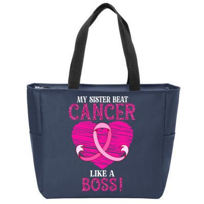 My Sister Beat Breast Cancer Pink Ribbon Survivor Awareness Zip Tote Bag