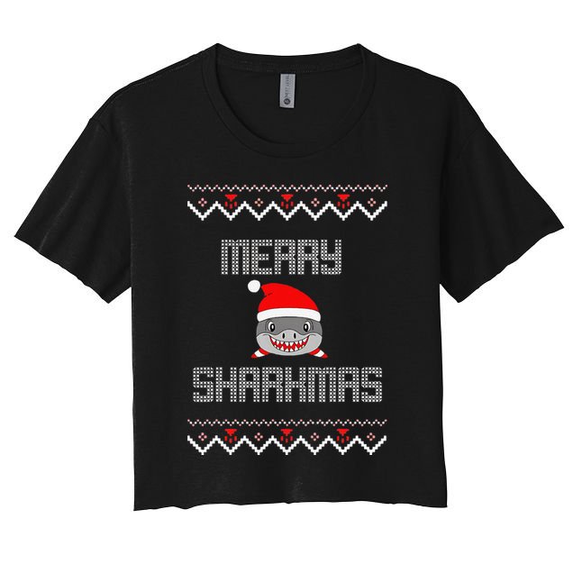 Merry Sharkmas Christmas Funny Shark Ugly Xmas Women's Crop Top Tee