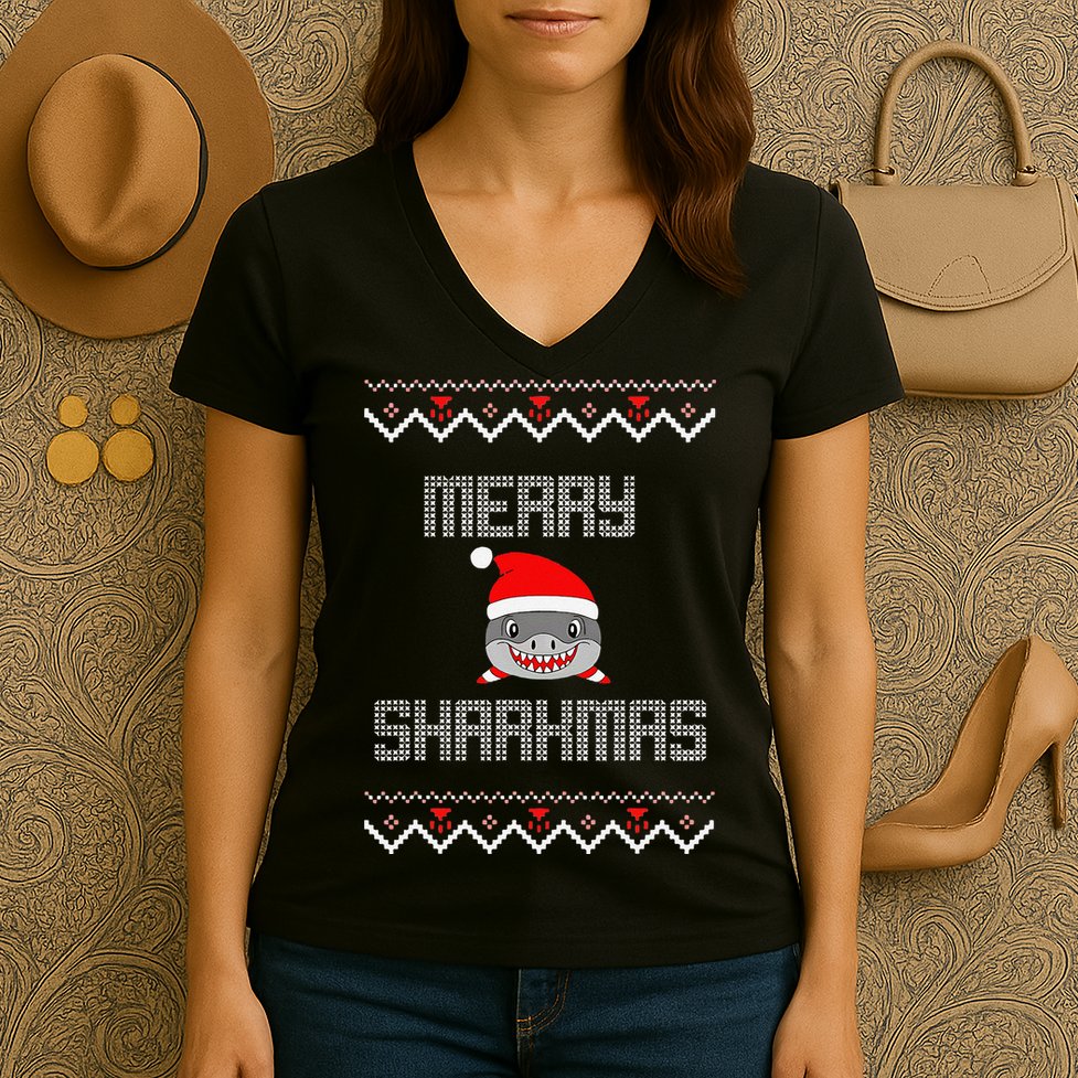 Merry Sharkmas Christmas Funny Shark Ugly Xmas Women's V-Neck T-Shirt