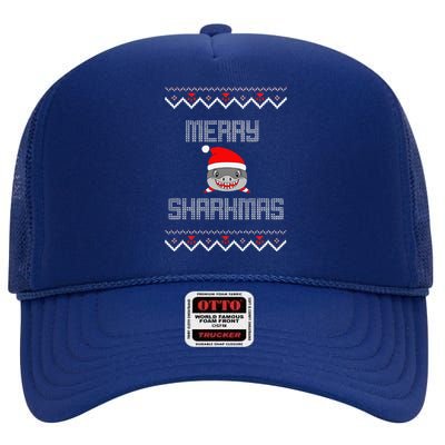 Merry Sharkmas Christmas Funny Shark Ugly Xmas High Crown Mesh Back Trucker Hat