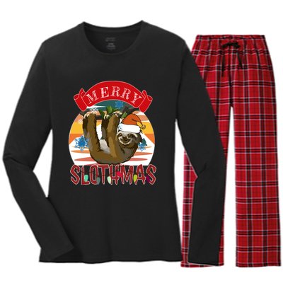 Merry Slothmas Christmas Pajama Gift Funny Sloth Lovers Gift Women's Long Sleeve Flannel Pajama Set 