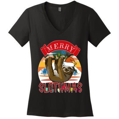 Merry Slothmas Christmas Pajama Gift Funny Sloth Lovers Gift Women's V-Neck T-Shirt