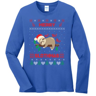 Merry Slothmas Christmas Funny Sloth Xmas Design Funny Gift Ladies Long Sleeve Shirt