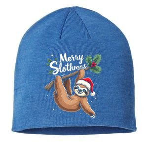 Merry Slothmas Cute Sloth With Santa Hat And Ornat Great Gift Sustainable Beanie