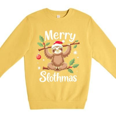 Merry Slothmas Cute Sloth With Santa Hat And Ornat Funny Gift Premium Crewneck Sweatshirt