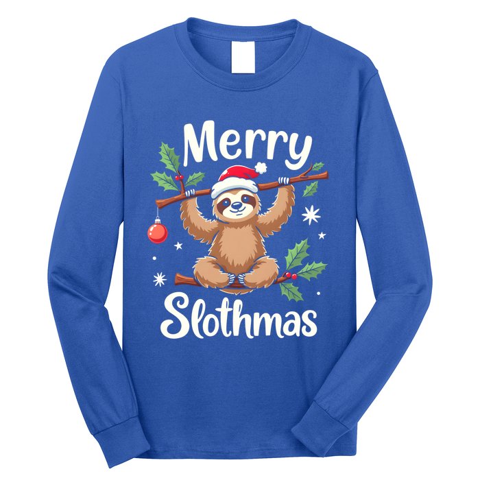 Merry Slothmas Cute Sloth With Santa Hat And Ornat Funny Gift Long Sleeve Shirt