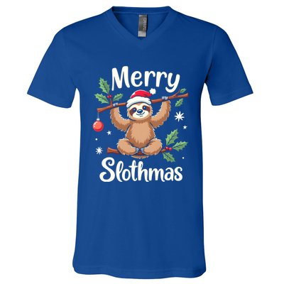 Merry Slothmas Cute Sloth With Santa Hat And Ornat Funny Gift V-Neck T-Shirt