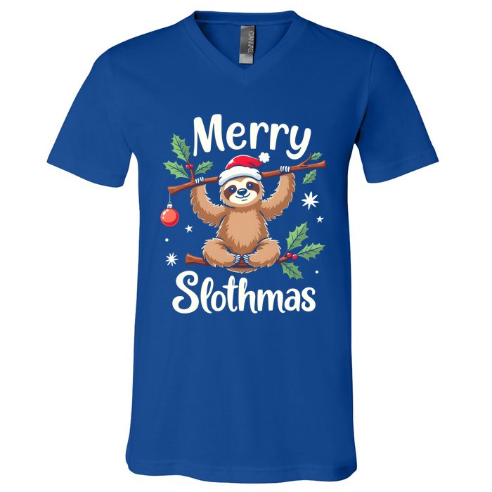 Merry Slothmas Cute Sloth With Santa Hat And Ornat Funny Gift V-Neck T-Shirt