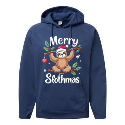 Merry Slothmas Cute Sloth With Santa Hat And Ornat Funny Gift Performance Fleece Hoodie