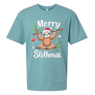 Merry Slothmas Cute Sloth With Santa Hat And Ornat Funny Gift Sueded Cloud Jersey T-Shirt