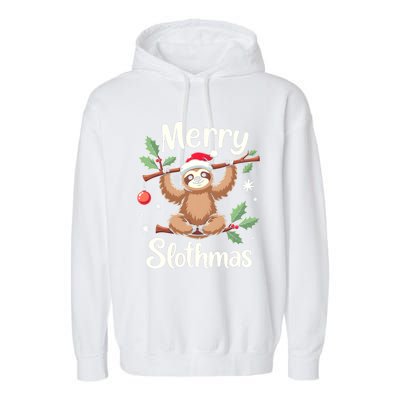 Merry Slothmas Cute Sloth With Santa Hat And Ornat Funny Gift Garment-Dyed Fleece Hoodie