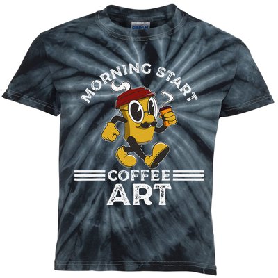 Morning Start Coffee Art Funny Caffeine Coffee Lover Kids Tie-Dye T-Shirt