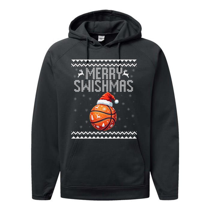 Merry Swishmas Christmas Basketball Ugly Sweater Gift Performance Fleece Hoodie