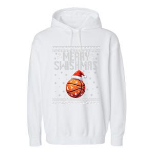 Merry Swishmas Christmas Basketball Ugly Sweater Gift Garment-Dyed Fleece Hoodie