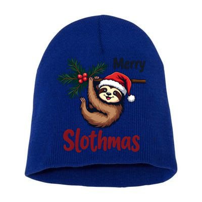 Merry Slothmas Cute Sloth With Santa Hat And Ornat Gift Short Acrylic Beanie