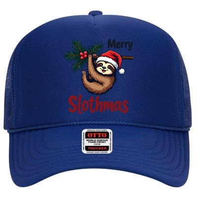 Merry Slothmas Cute Sloth With Santa Hat And Ornat Gift High Crown Mesh Back Trucker Hat