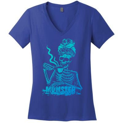 Momster Skeleton Coffee Funny Halloween Mom Mama Gift Women's V-Neck T-Shirt