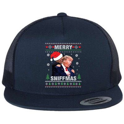 Merry Sniffmas Christmas Anti Biden Ugly Christmas Sweater Flat Bill Trucker Hat