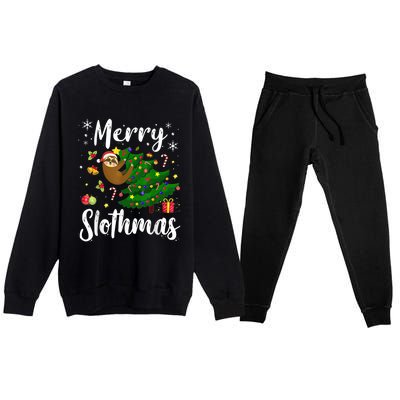 Merry Slothmas Christmas Sloth Lover Xmas Pajamas Christmas Premium Crewneck Sweatsuit Set