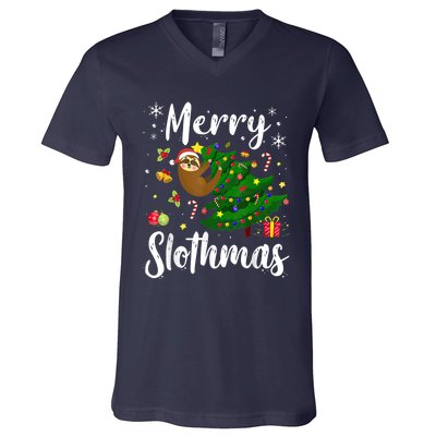 Merry Slothmas Christmas Sloth Lover Xmas Pajamas Christmas V-Neck T-Shirt