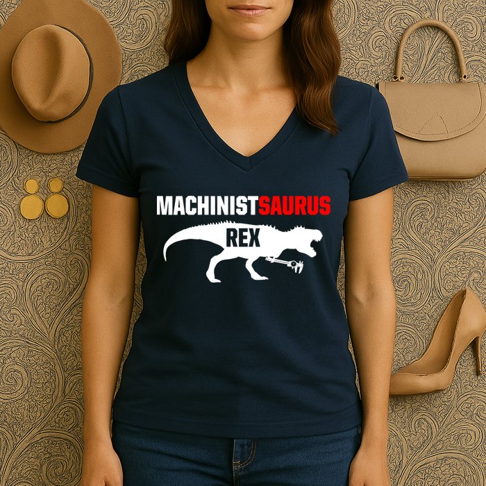 Machinist SaurusRex CNC Machine Operator Machining Women's V-Neck T-Shirt
