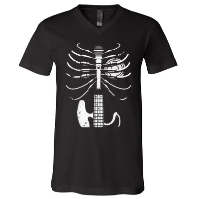 Music Skeleton Cool Guitar Microphone Speaker Heart Musician V-Neck T-Shirt