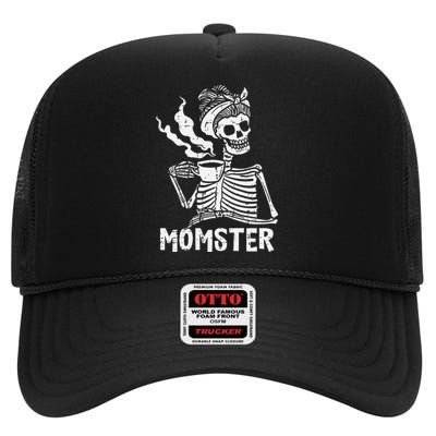 Momster Skeleton Coffee Funny Halloween Mom Mama High Crown Mesh Back Trucker Hat