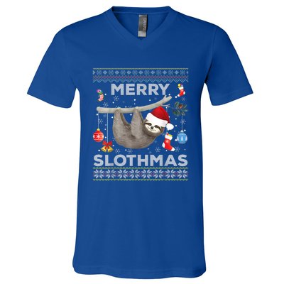 Merry Slothmas Christmas Sloth Lover Ugly Sweater Cute Gift V-Neck T-Shirt