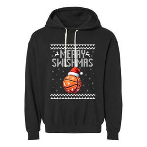 Merry Swishmas Christmas Basketball Ugly Sweater Garment-Dyed Fleece Hoodie