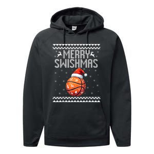 Merry Swishmas Christmas Basketball Ugly Sweater Performance Fleece Hoodie