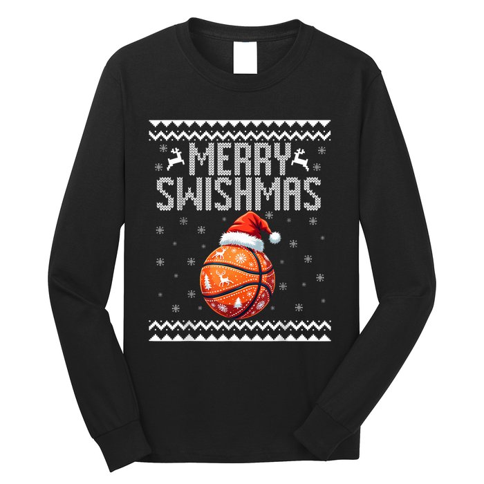 Merry Swishmas Christmas Basketball Ugly Sweater Long Sleeve Shirt