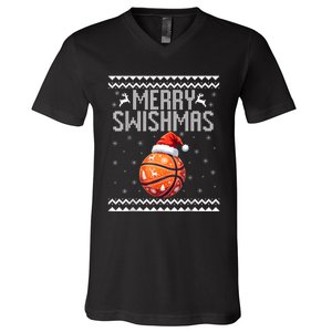 Merry Swishmas Christmas Basketball Ugly Sweater V-Neck T-Shirt